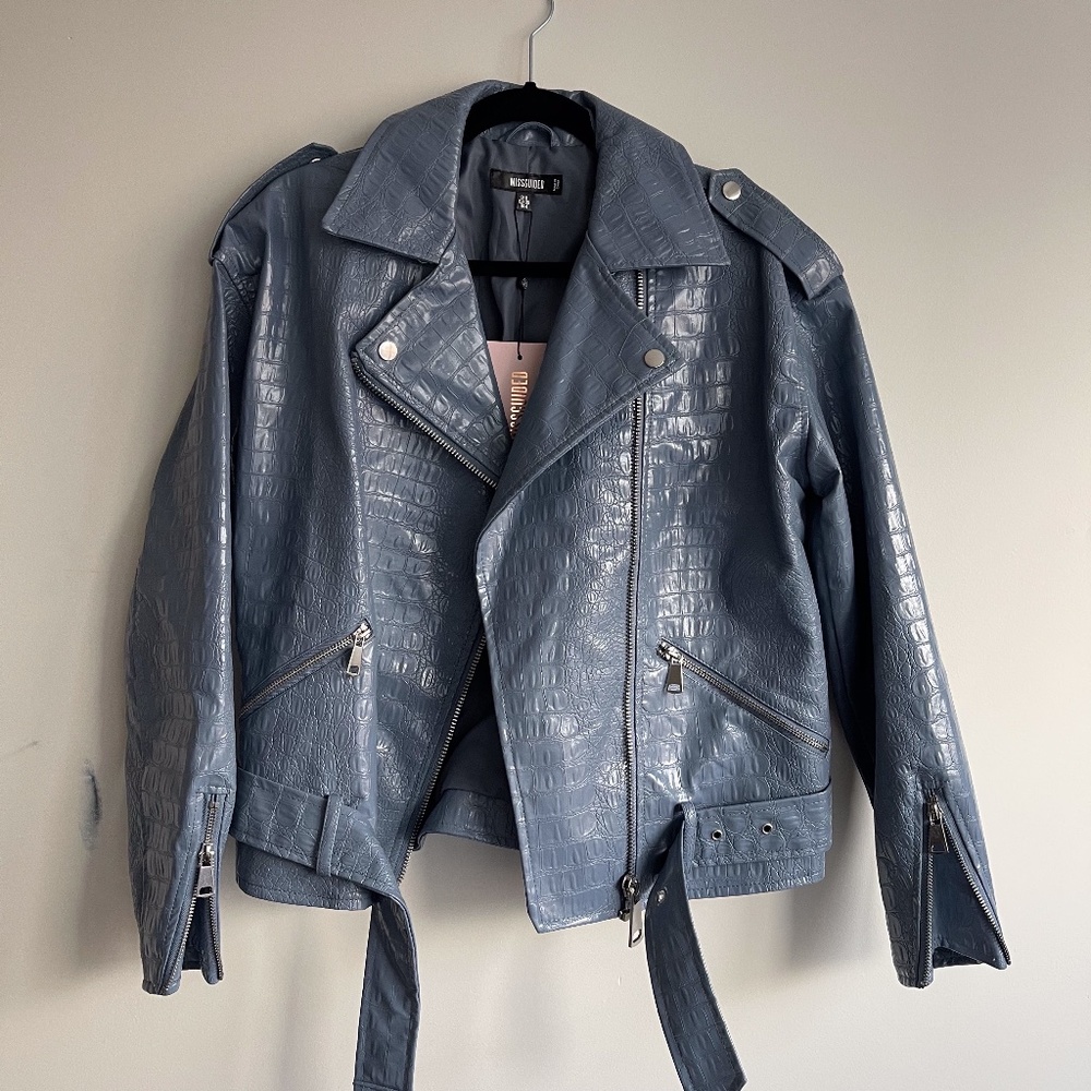 Missguided Blue Croc Faux Leather Biker Jacket